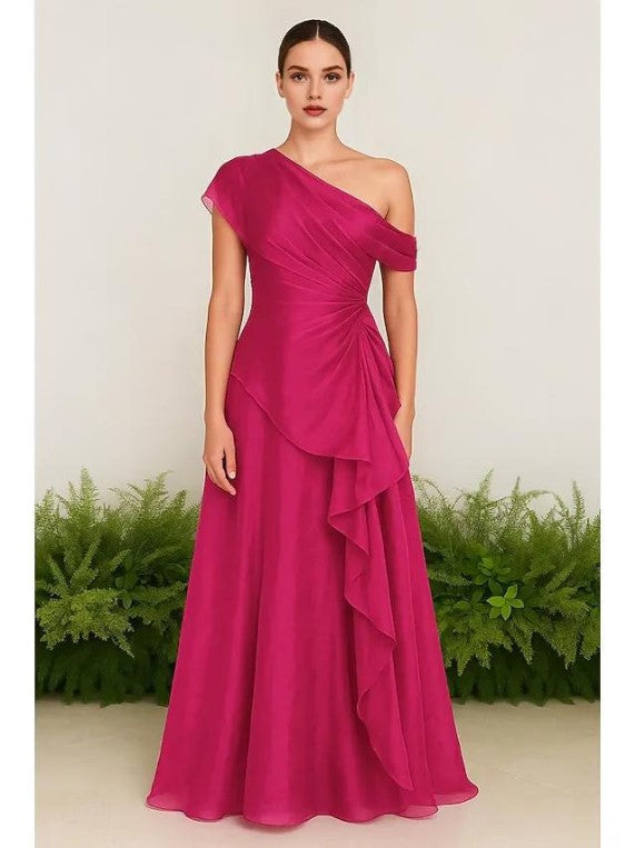 Flowy A-Line One Shoulder Sleeveless Pleated Floor Length Prom Dress