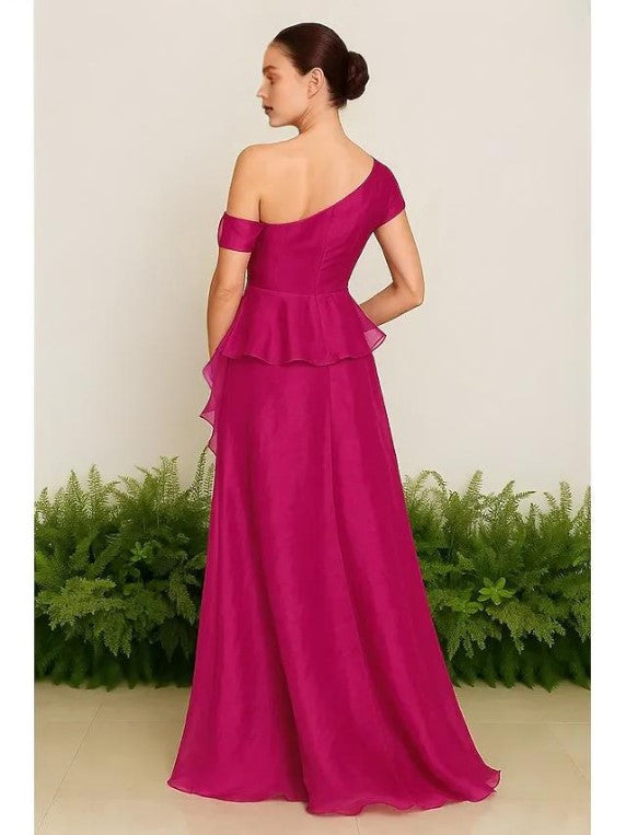 Flowy A-Line One Shoulder Sleeveless Pleated Floor Length Prom Dress
