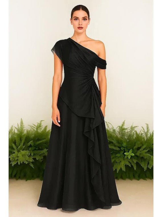 Flowy A-Line One Shoulder Sleeveless Pleated Floor Length Prom Dress