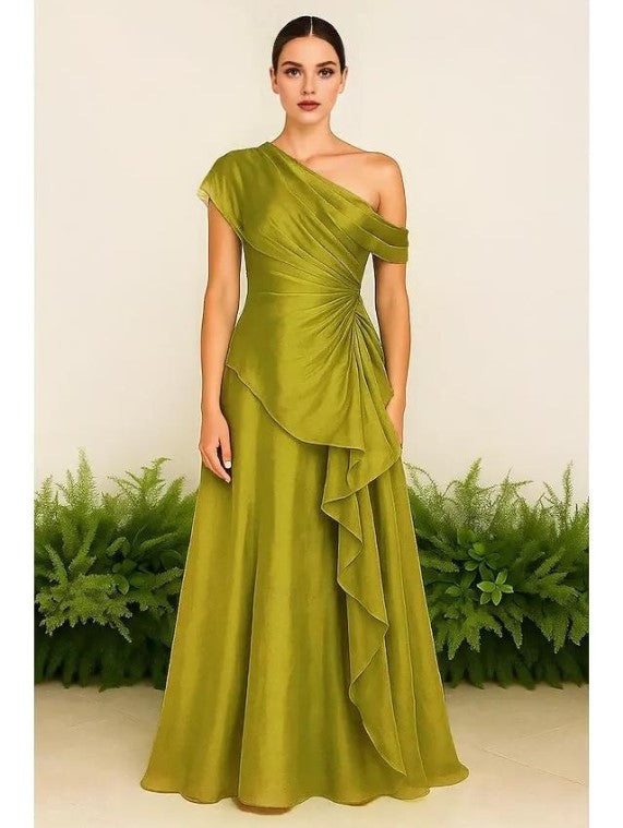 Flowy A-Line One Shoulder Sleeveless Pleated Floor Length Prom Dress