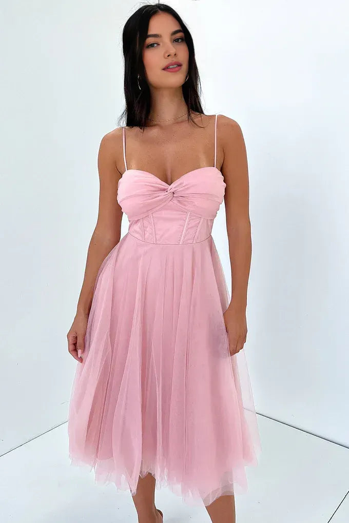 Flowy A-Line Spaghetti Straps Sleeveless Pleated Tulle Tea-Length Prom Dress