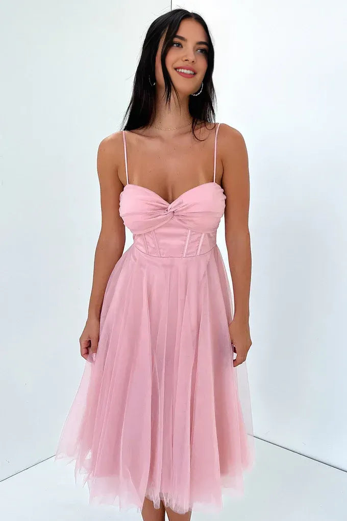 Flowy A-Line Spaghetti Straps Sleeveless Pleated Tulle Tea-Length Prom Dress