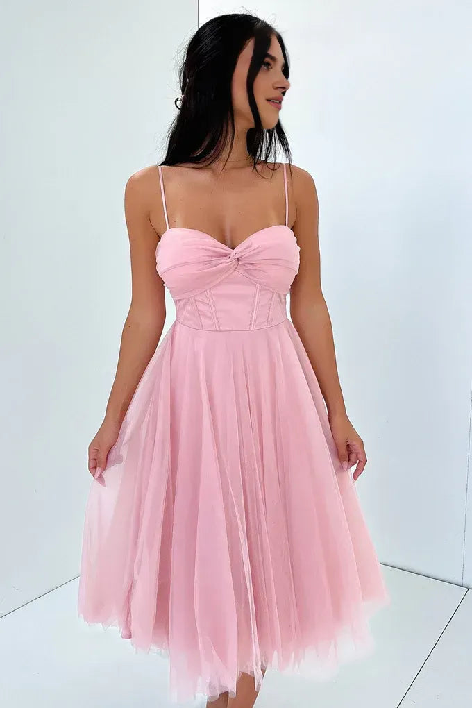 Flowy A-Line Spaghetti Straps Sleeveless Pleated Tulle Tea-Length Prom Dress