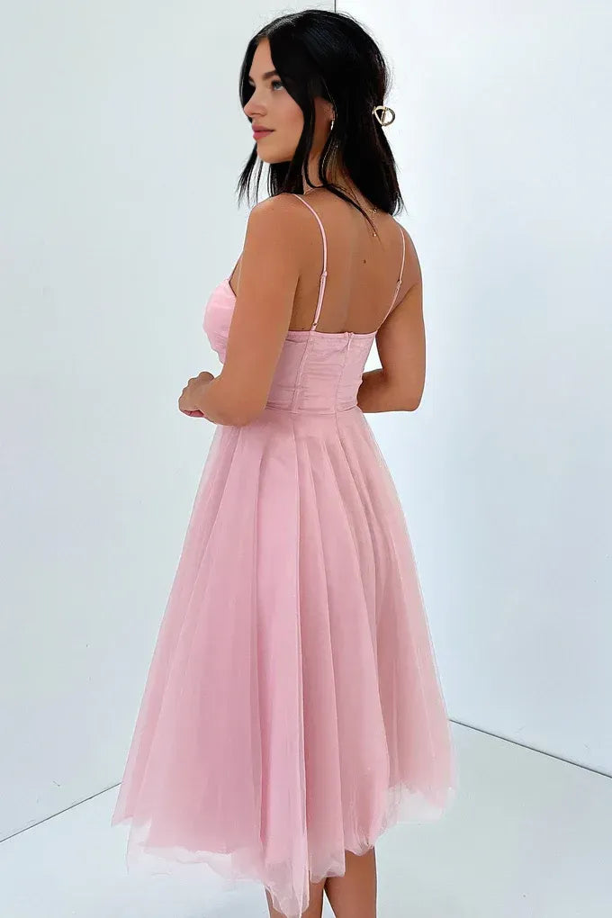 Flowy A-Line Spaghetti Straps Sleeveless Pleated Tulle Tea-Length Prom Dress