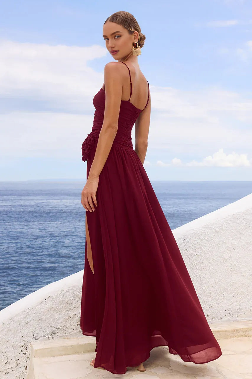 Flowy A-Line Sweetheart Neck Sleeveless Pleated Split Floor-Length Prom Dress