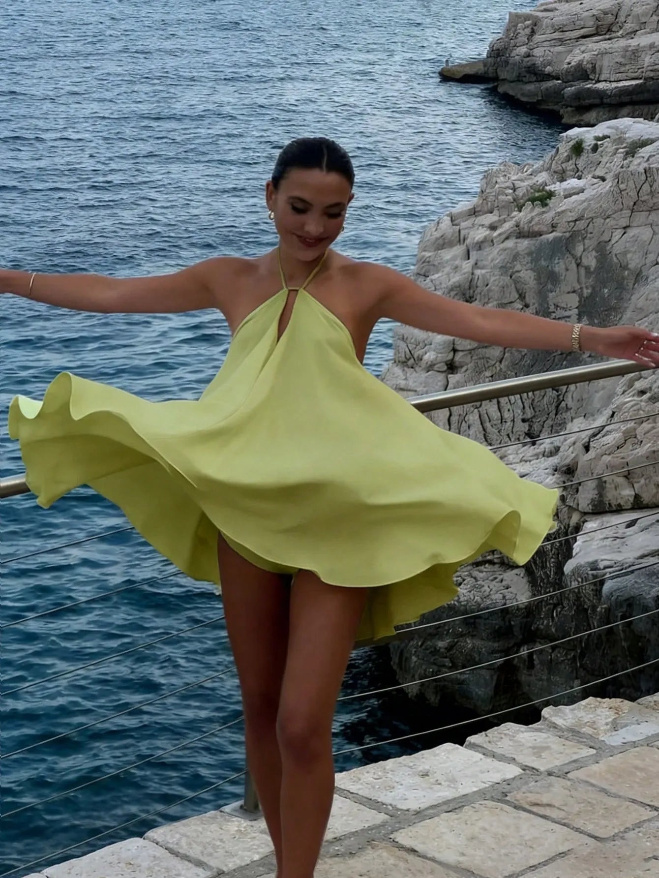 Flowy A-line Halter Neck Tie Back Wrap Waist Lime Green Mini Homecoming Dress