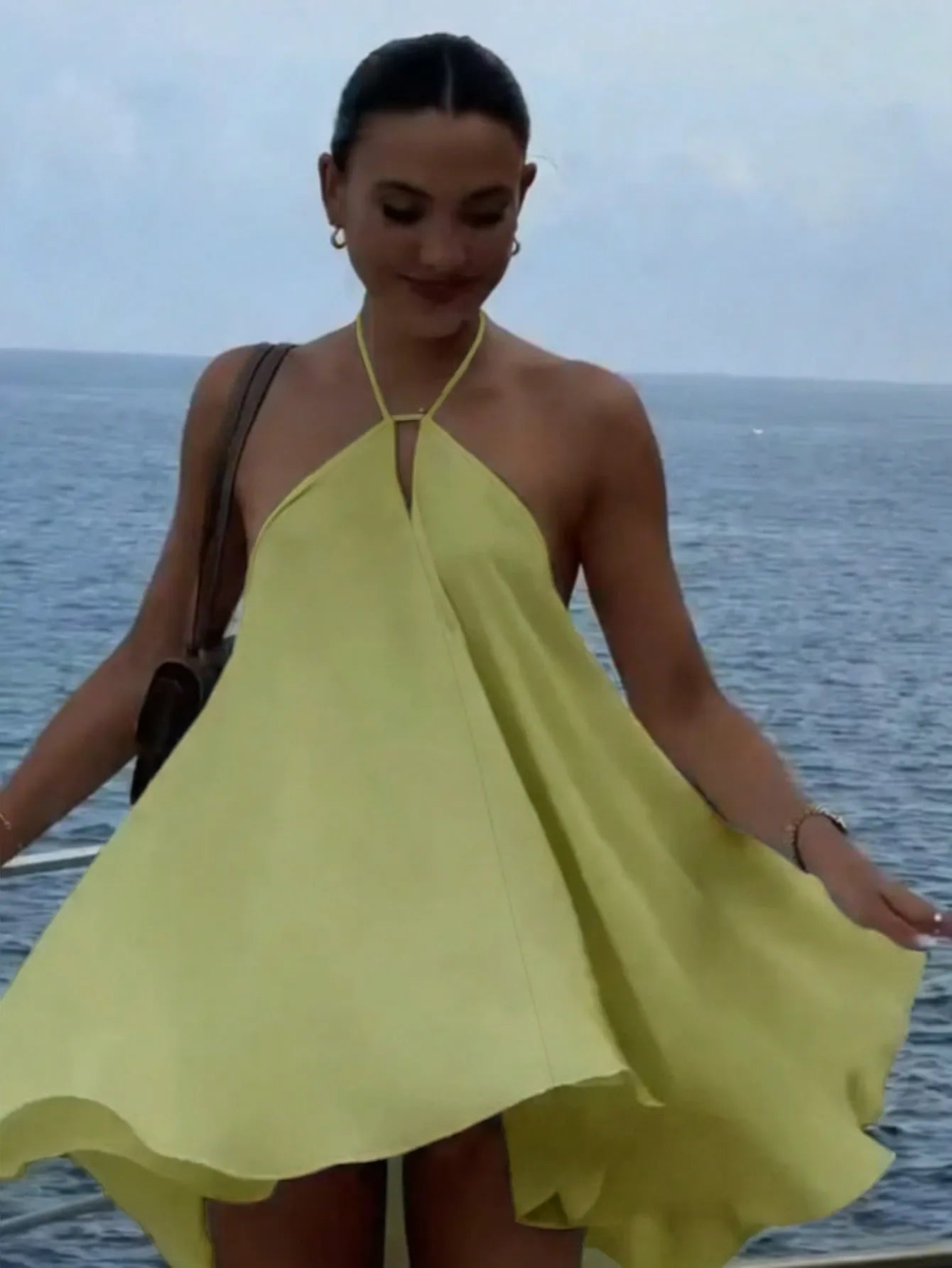 Flowy A-line Halter Neck Tie Back Wrap Waist Lime Green Mini Homecoming Dress