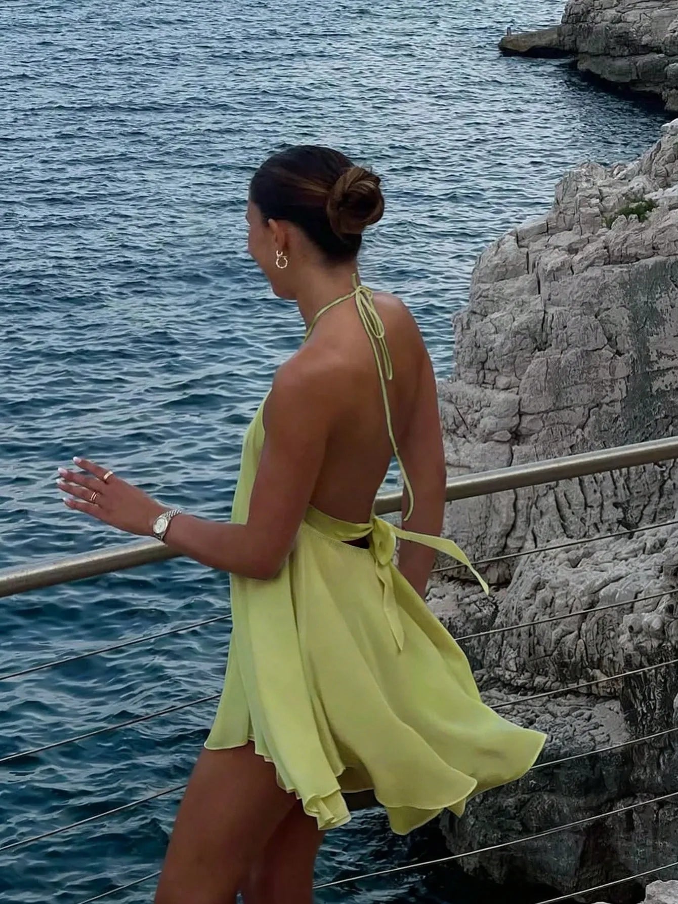 Flowy A-line Halter Neck Tie Back Wrap Waist Lime Green Mini Homecoming Dress