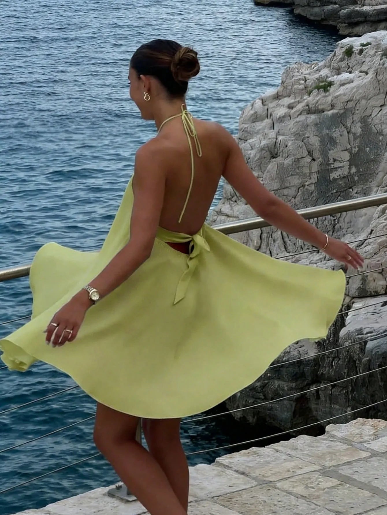 Flowy A-line Halter Neck Tie Back Wrap Waist Lime Green Mini Homecoming Dress