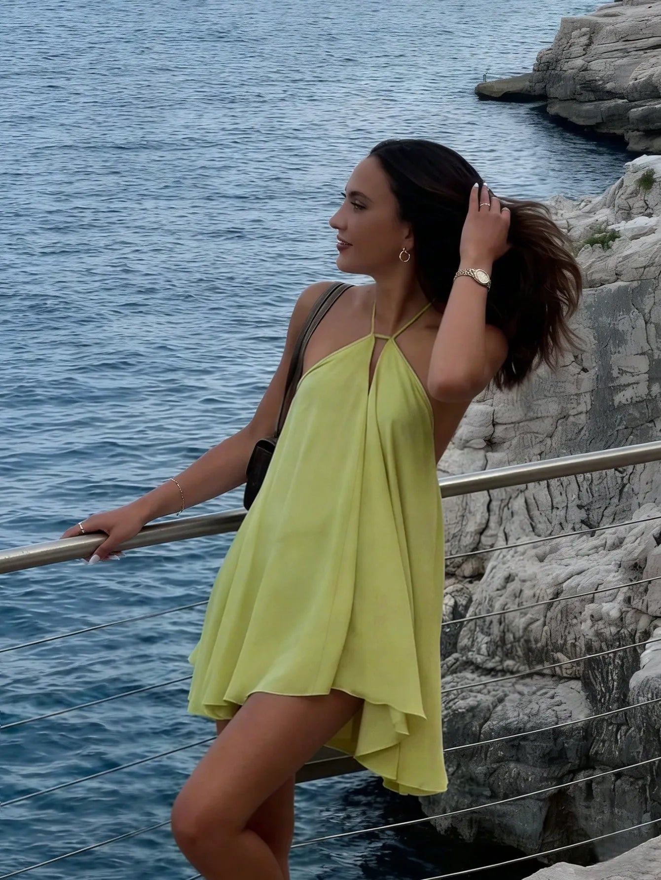 Flowy A-line Halter Neck Tie Back Wrap Waist Lime Green Mini Homecoming Dress