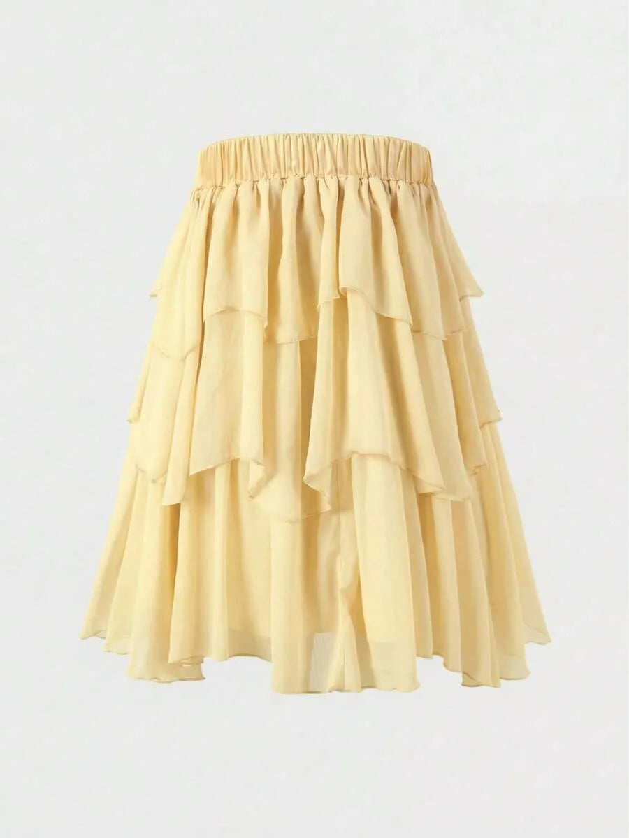 Flowy A-line High Waist Lace Trim Tiered Ruffled Yellow Mini Homecoming Dress