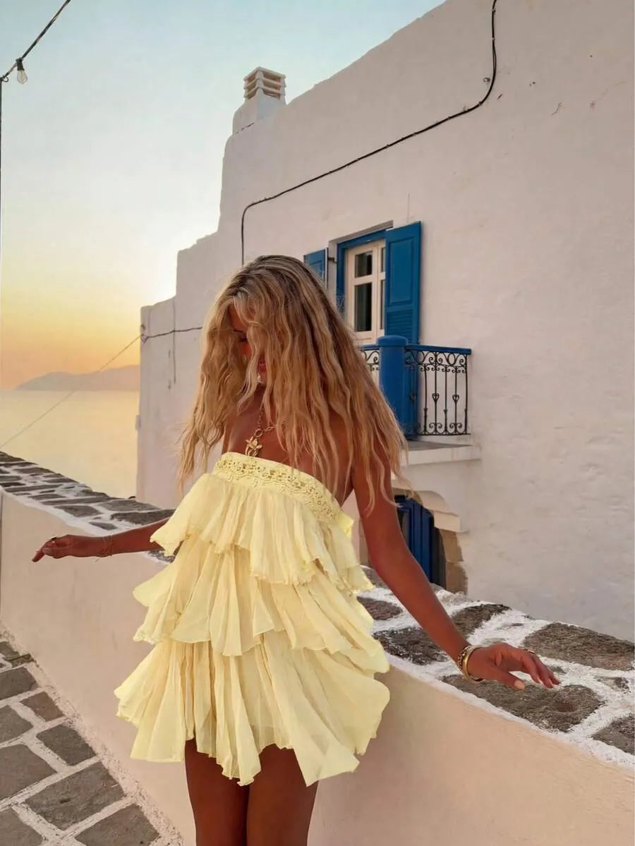 Flowy A-line High Waist Lace Trim Tiered Ruffled Yellow Mini Homecoming Dress