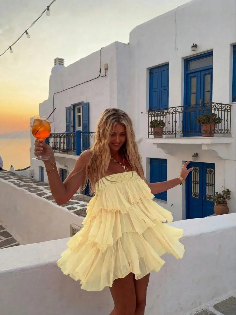 Flowy A-line High Waist Lace Trim Tiered Ruffled Yellow Mini Homecoming Dress