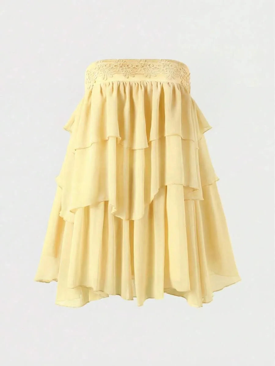 Flowy A-line High Waist Lace Trim Tiered Ruffled Yellow Mini Homecoming Dress