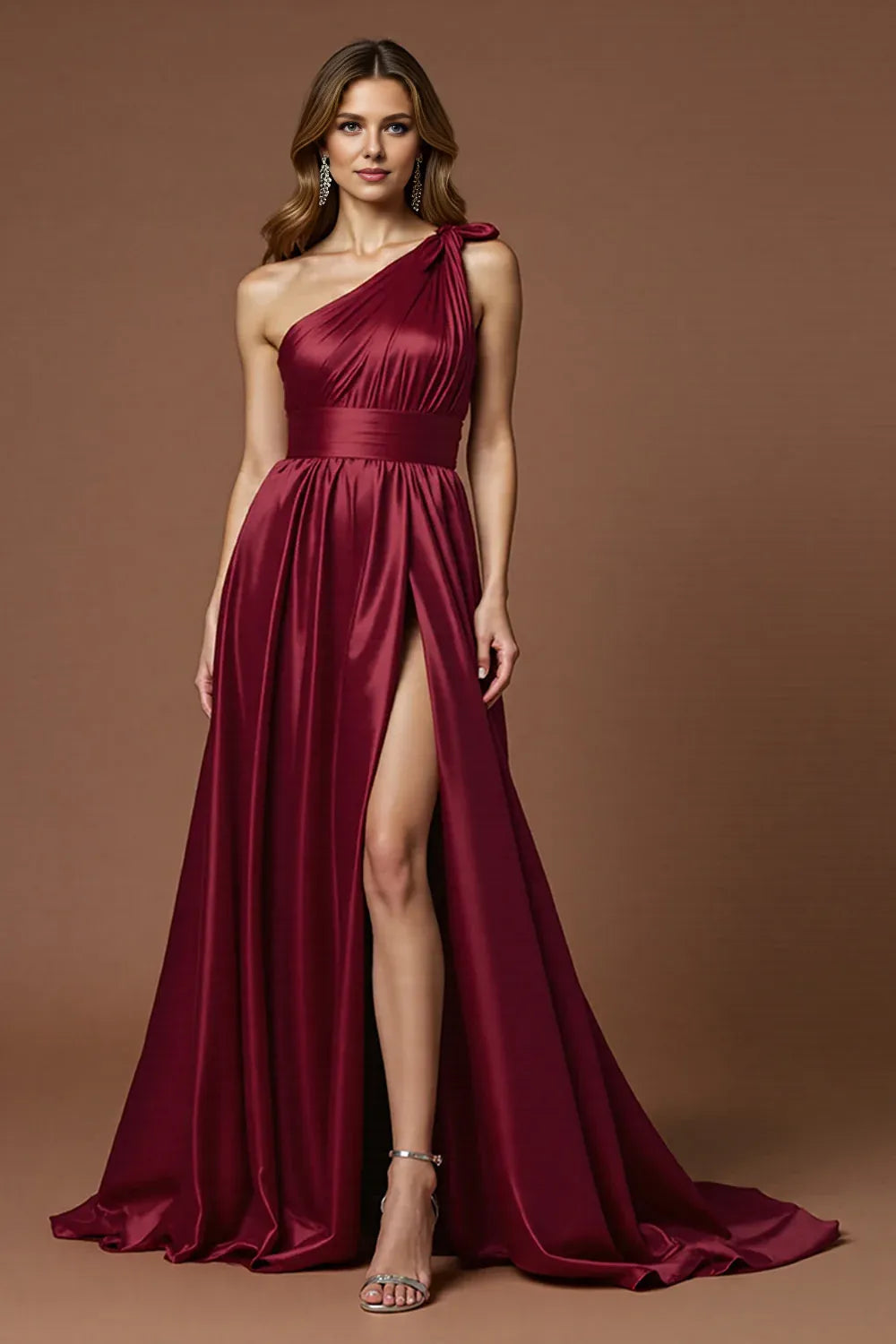 Flowy A Line One Shoulder Sleeveless Satin Sweep/Brush Train Prom Dress