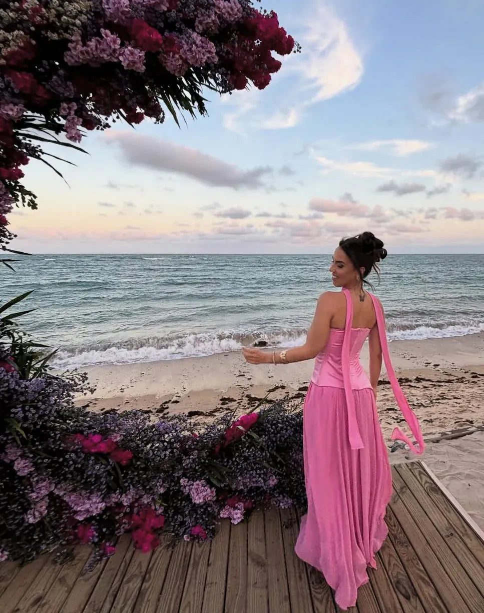 Flowy Strapless Sleeveless A-Line Split Chiffon Floor-Length Prom Dress