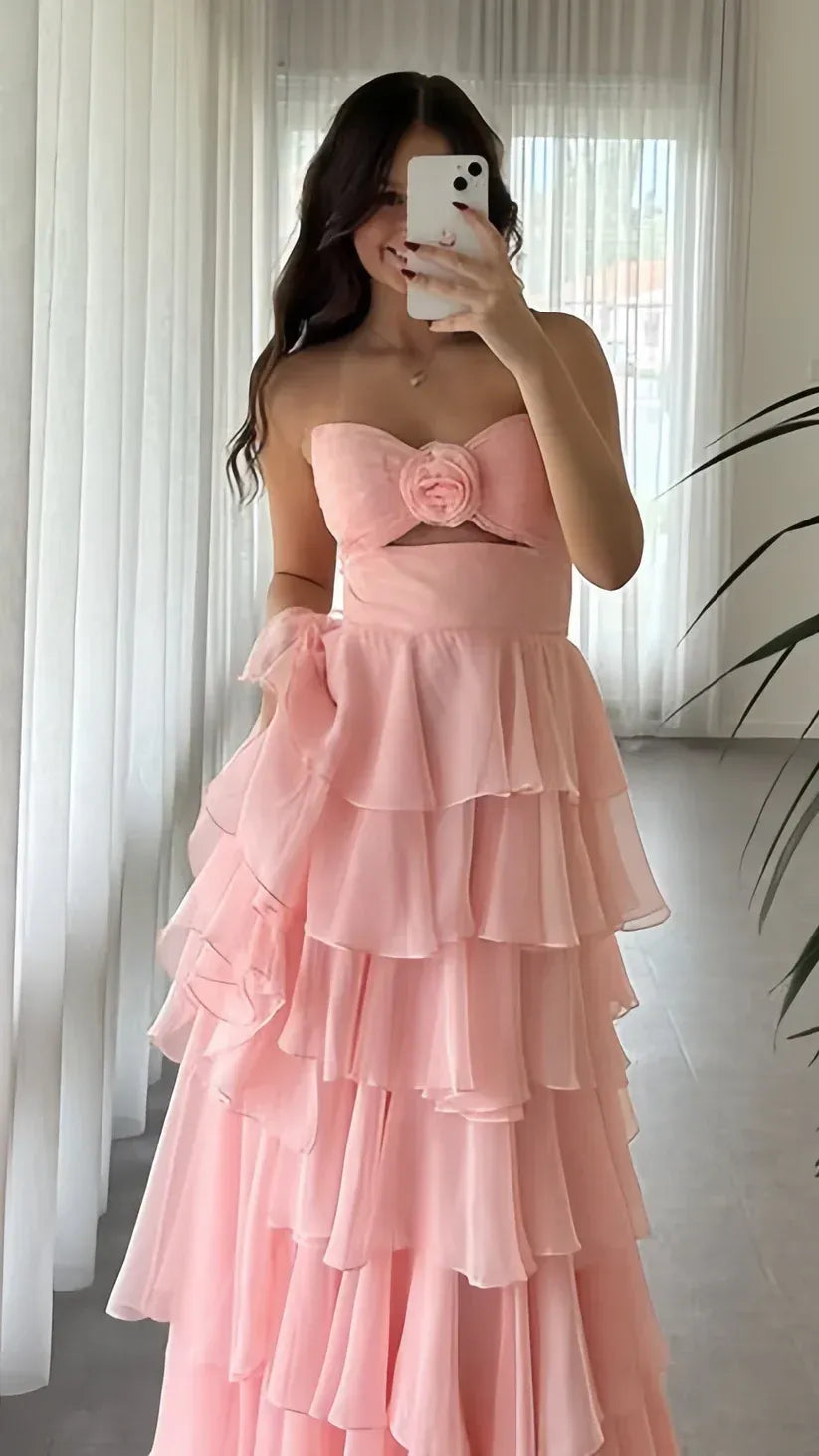 Flowy Sweetheart Sleeveless A-line Layered Chiffon Floor Length Prom Dress