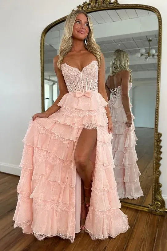 Flowy Sweetheart Sleeveless Empire A-Line Chiffon Tiered Long Prom Dress
