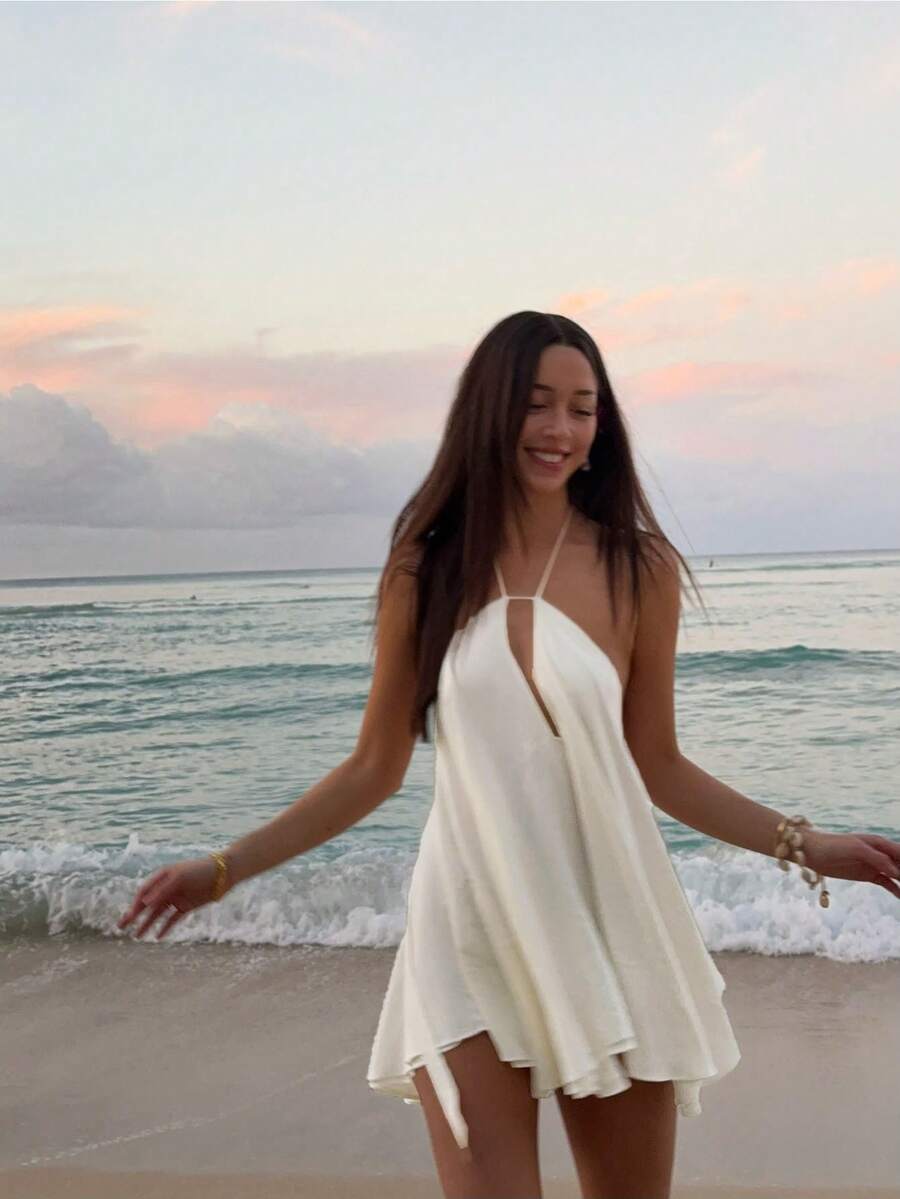 Flowy A-Line Halter Backless Cutout Chic Ivory Mini Homecoming Dress Vacation Beach