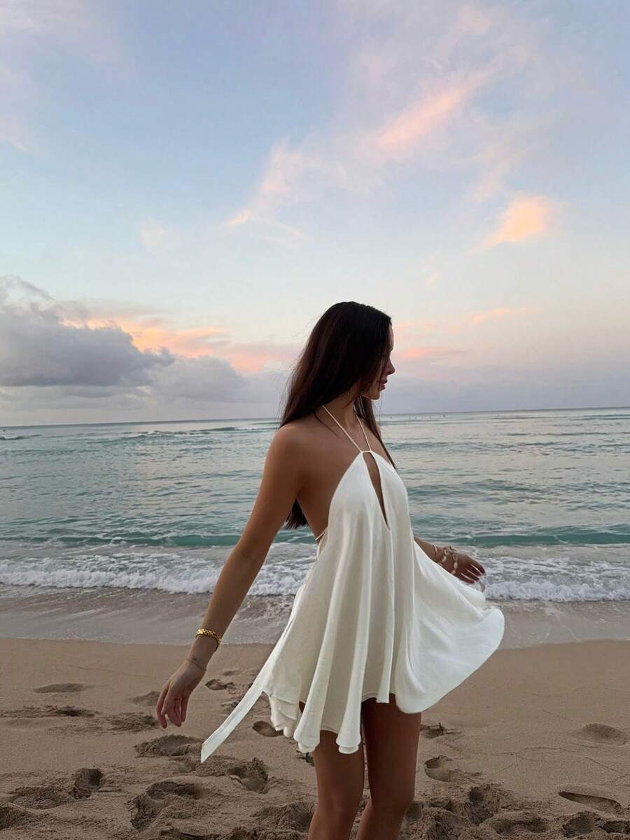 Flowy A-Line Halter Backless Cutout Chic Ivory Mini Homecoming Dress Vacation Beach