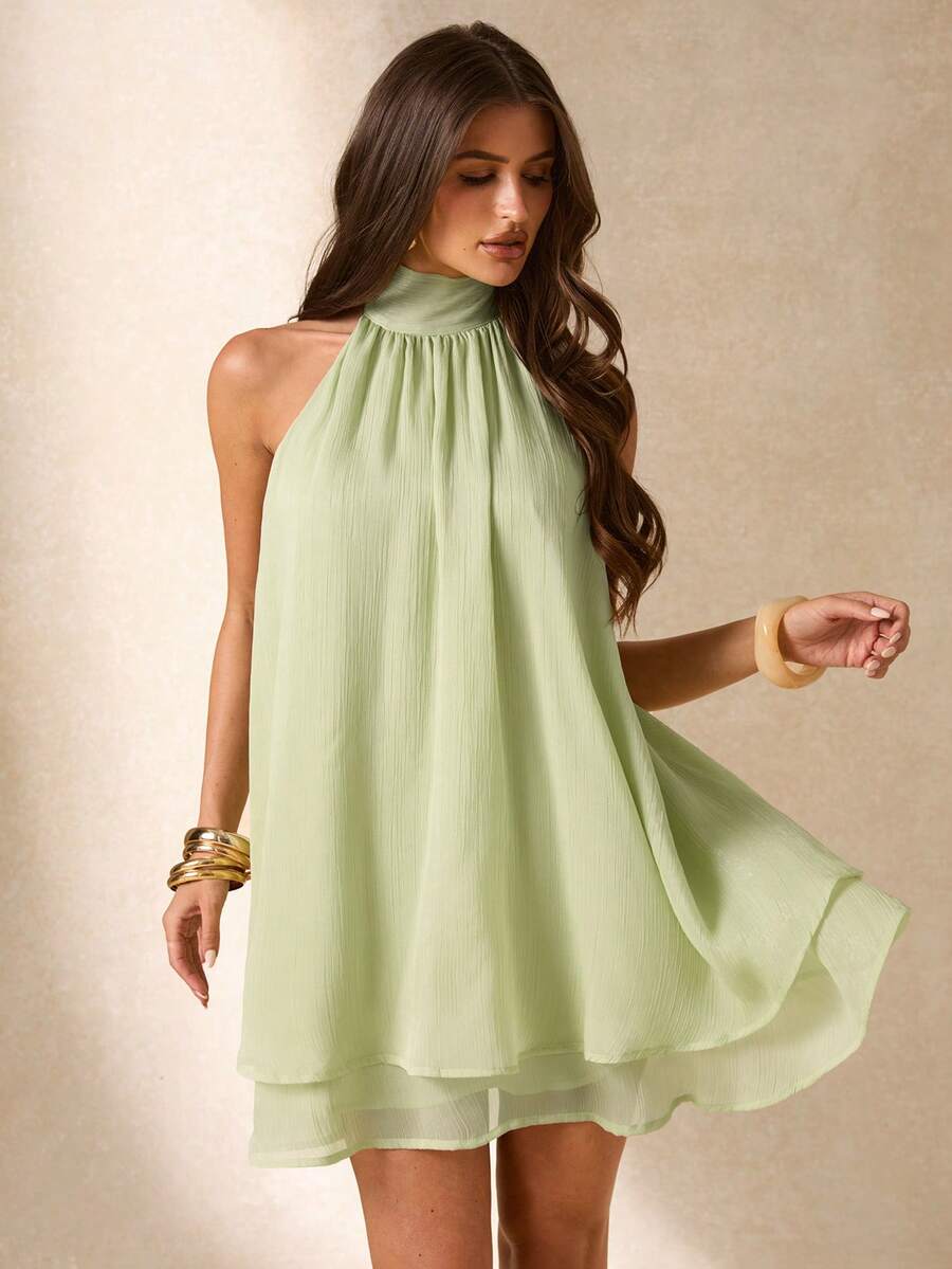 Flowy A-Line Halter Tie Backless Tiered Light Green Mini Homecoming Dresses