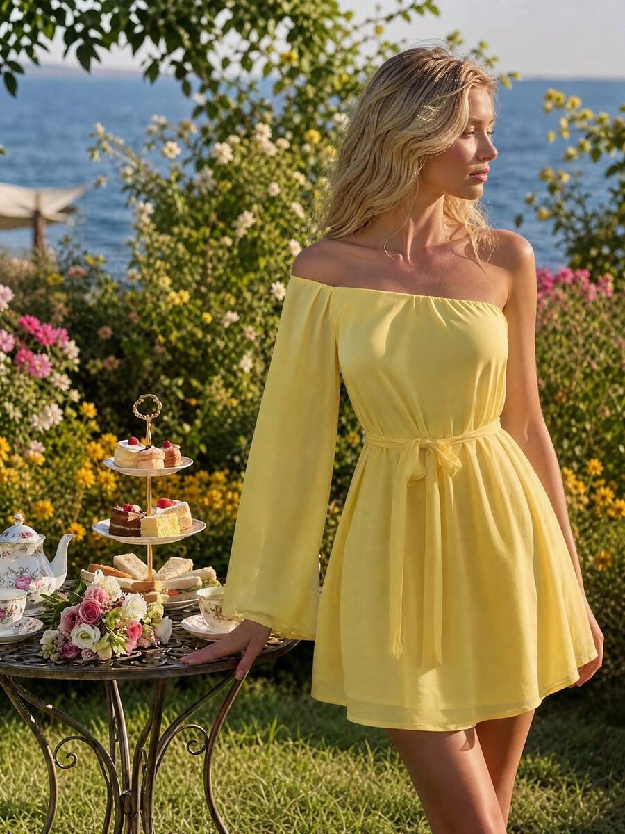 Flowy A-Line Off-Shoulder One-Sleeve Ruffled Belted Yellow Mini Homecoming Dresses