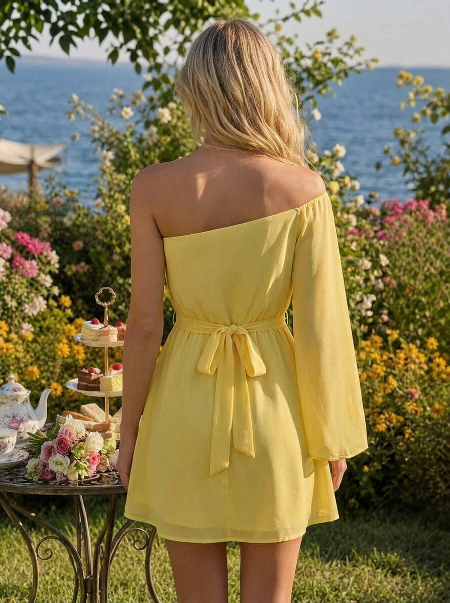 Flowy A-Line Off-Shoulder One-Sleeve Ruffled Belted Yellow Mini Homecoming Dresses