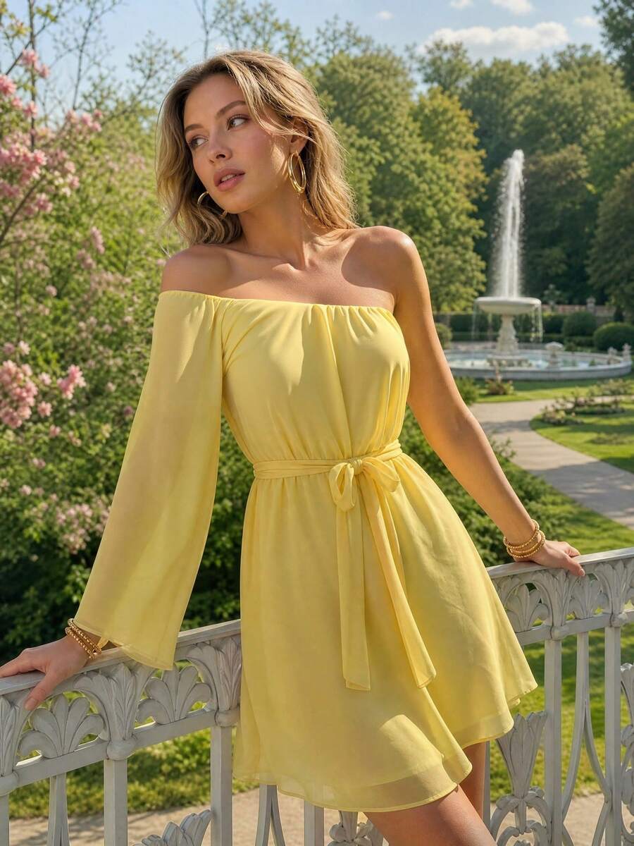 Flowy A-Line Off-Shoulder One-Sleeve Ruffled Belted Yellow Mini Homecoming Dresses