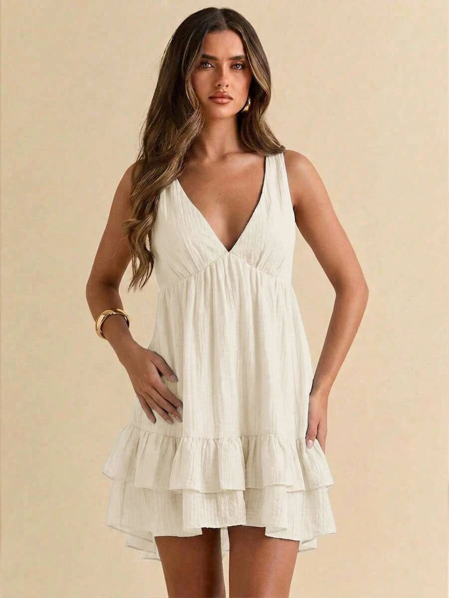 Flowy A-Line V-Neck Ruffled Tiered Solid Light Beige Mini Homecoming Dress