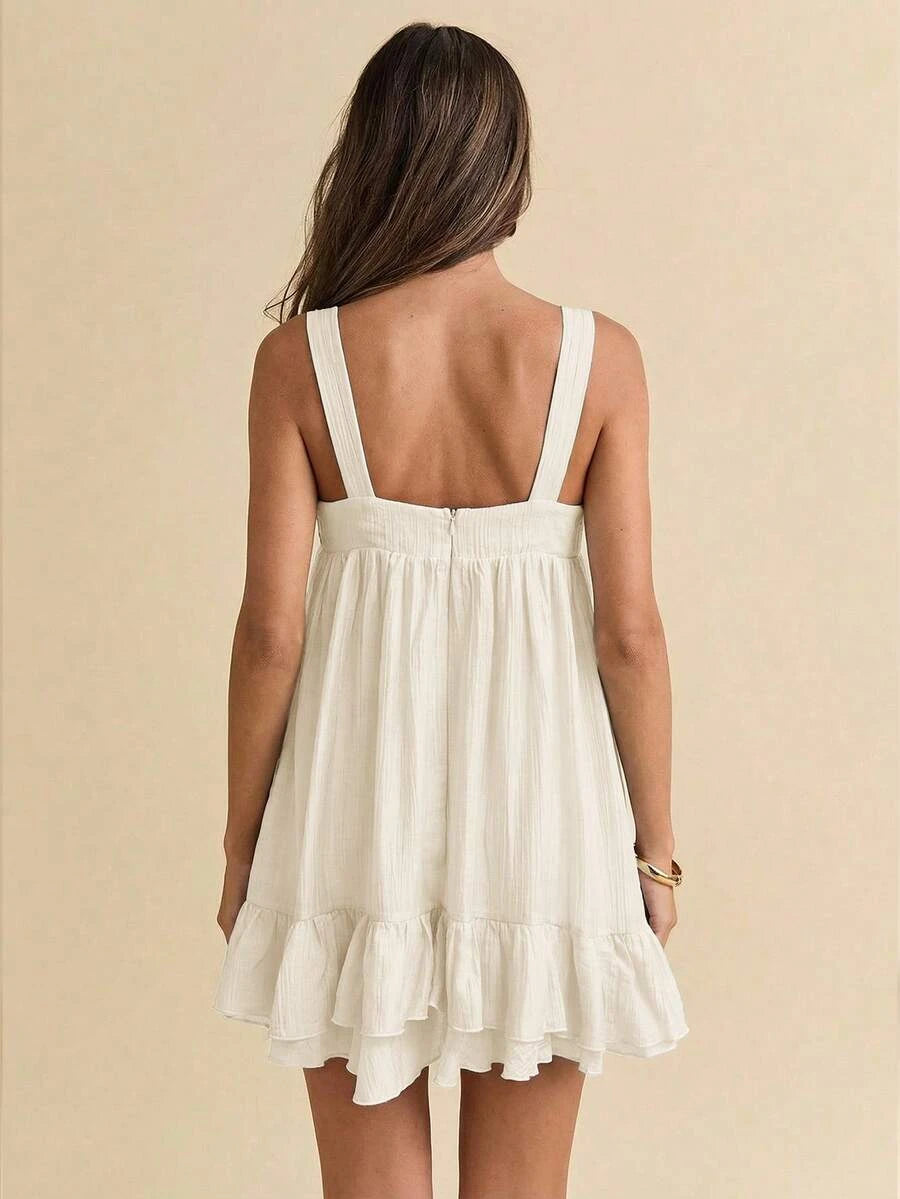 Flowy A-Line V-Neck Ruffled Tiered Solid Light Beige Mini Homecoming Dress