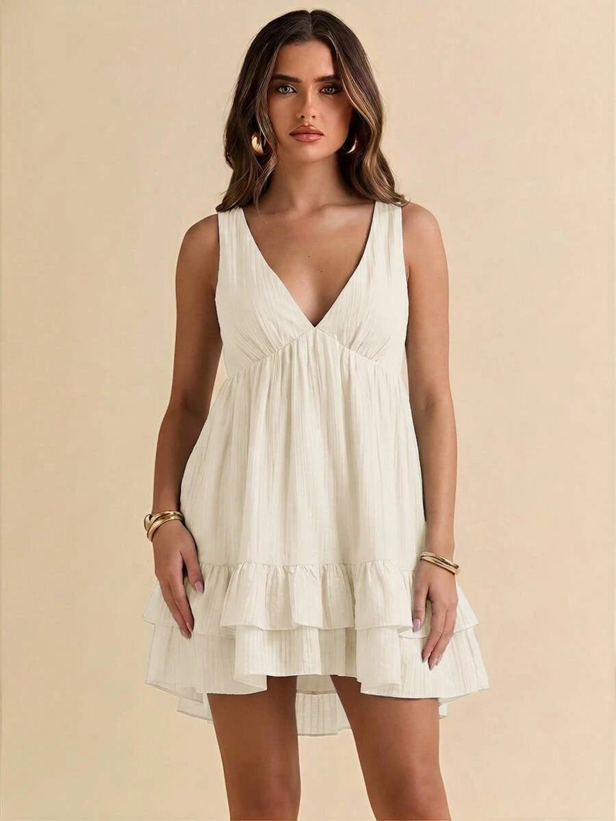 Flowy A-Line V-Neck Ruffled Tiered Solid Light Beige Mini Homecoming Dress