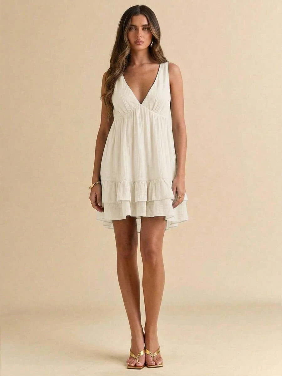 Flowy A-Line V-Neck Ruffled Tiered Solid Light Beige Mini Homecoming Dress