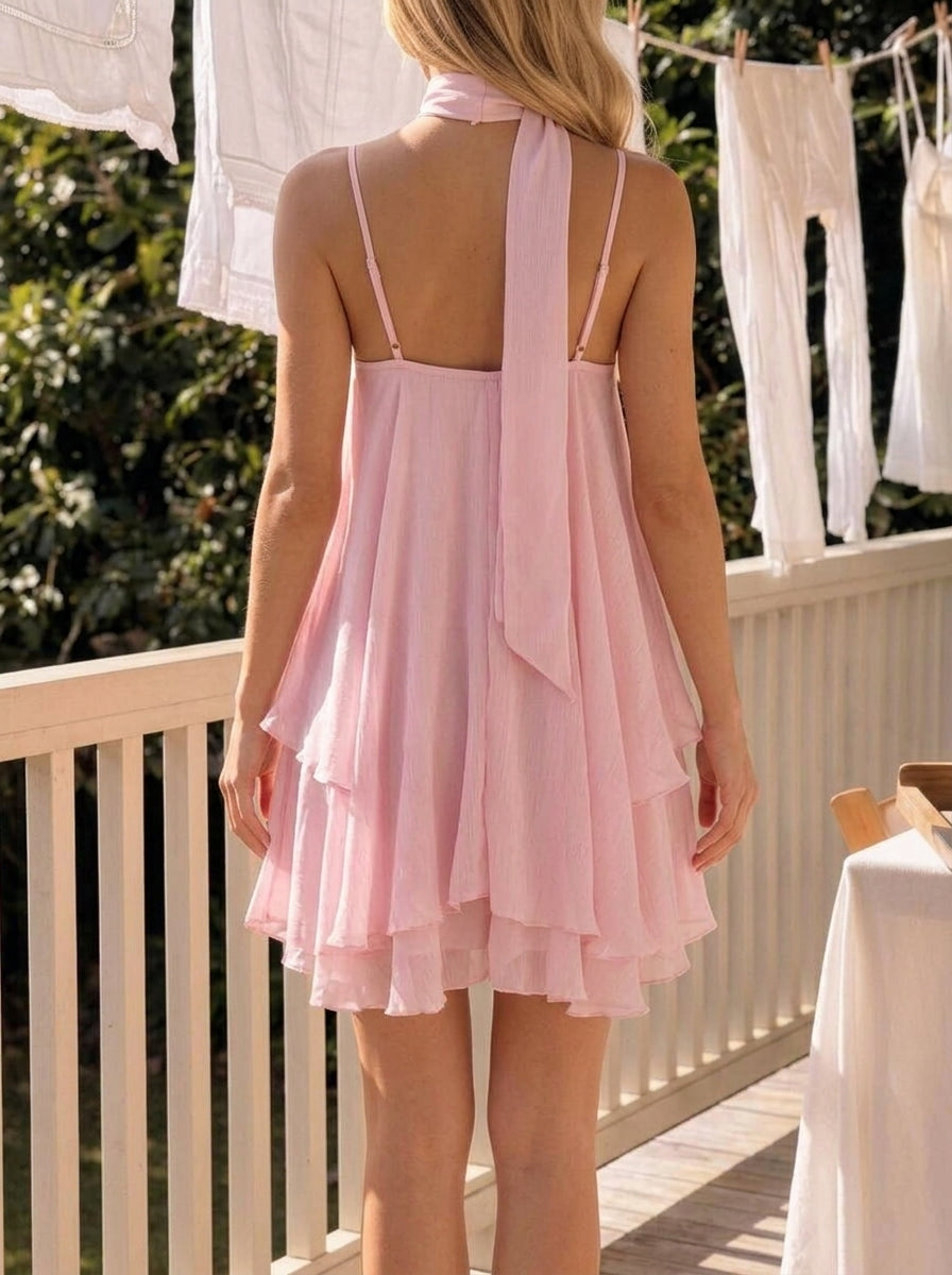 Flowy A-Line V-Neck Tiered Ruffle Pink Mini Homecoming Dress