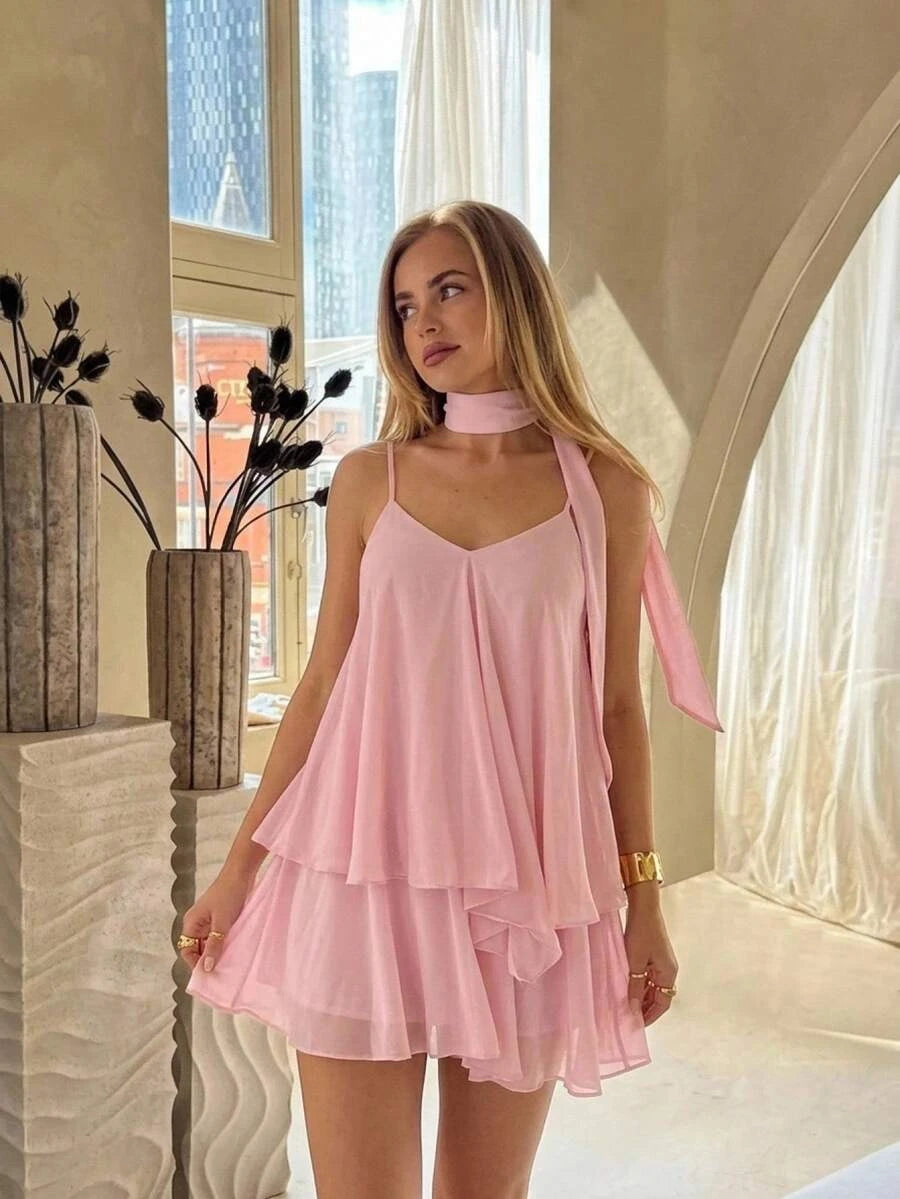 Flowy A-Line V-Neck Tiered Ruffle Pink Mini Homecoming Dress