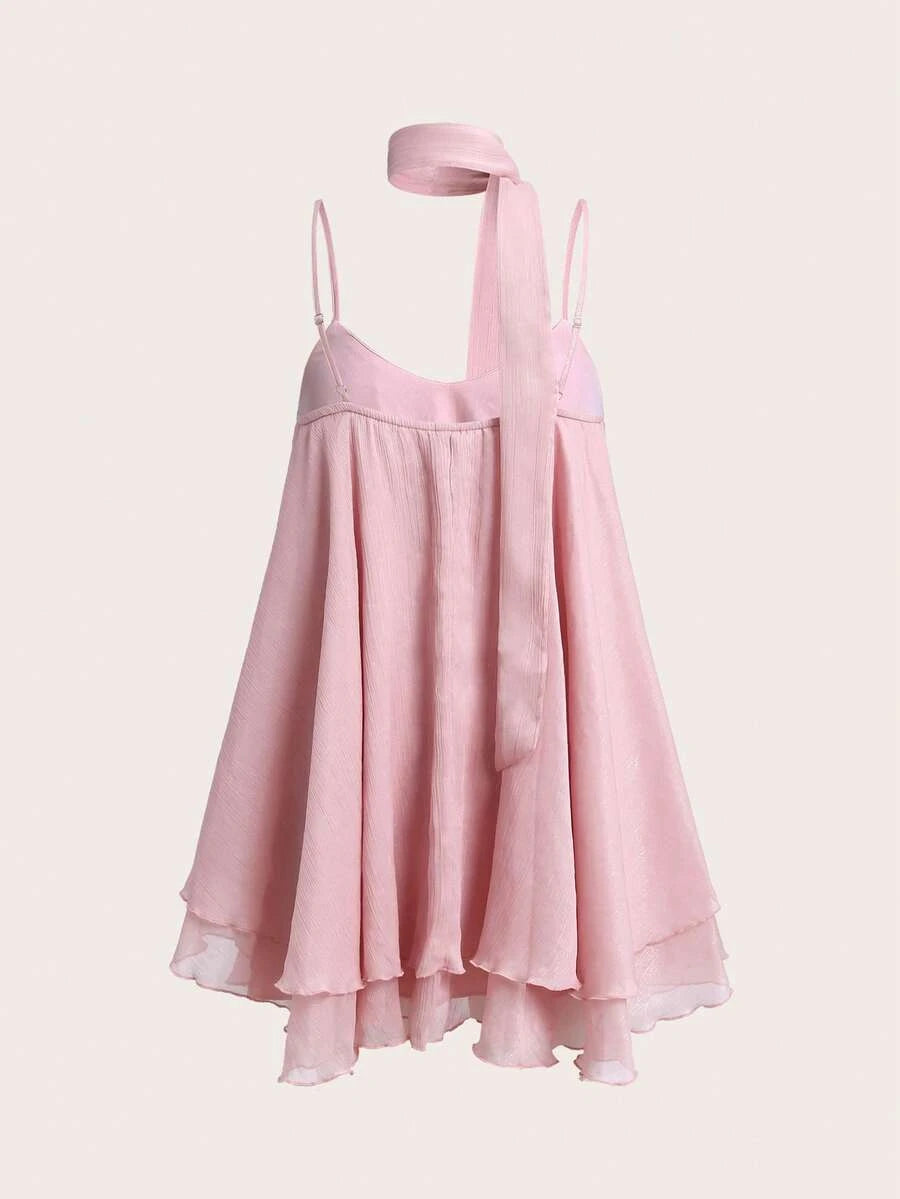 Flowy A-Line V-Neck Tiered Ruffle Pink Mini Homecoming Dress