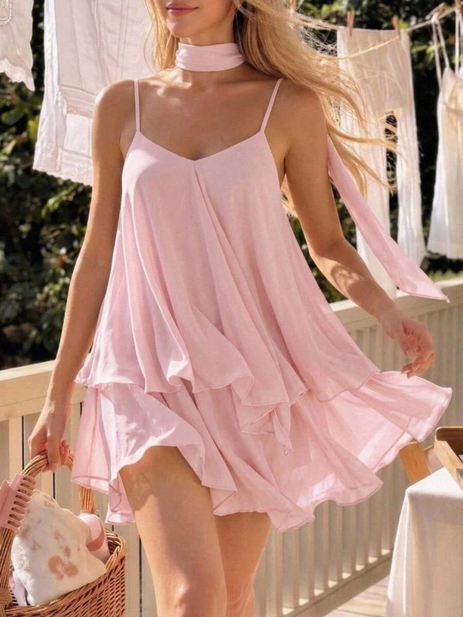 Flowy A-Line V-Neck Tiered Ruffle Pink Mini Homecoming Dress With Scarf