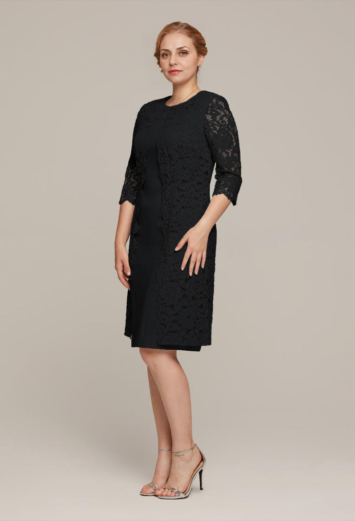 Formal Women's Dresses A-line Elegant 3/4 Sleeve Lace Applique Round Neck Tea-Length Free Custom Size Mother of the Bride Dress