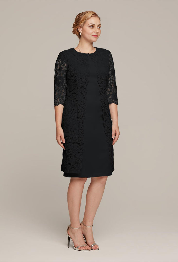 Formal Women's Dresses A-line Elegant 3/4 Sleeve Lace Applique Round Neck Tea-Length Free Custom Size Mother of the Bride Dress