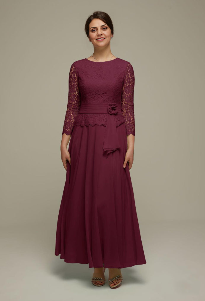 Formal Women's Dresses A-line Elegant 3/4 Sleeve Lace Applique Round Neck Floor Length Free Custom Size Mother of the Bride Dress