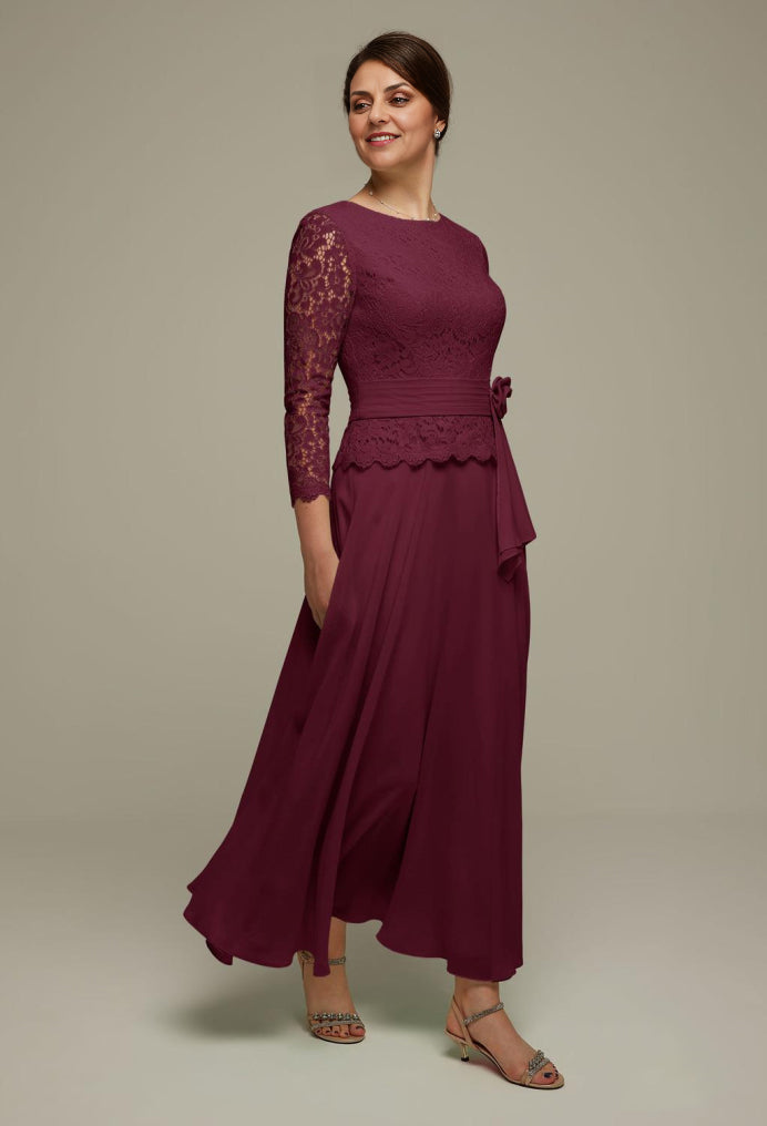 Formal Women's Dresses A-line Elegant 3/4 Sleeve Lace Applique Round Neck Floor Length Free Custom Size Mother of the Bride Dress