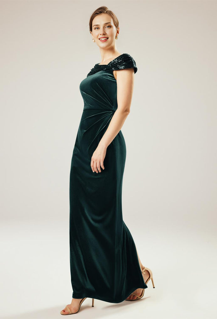 Vestidos formales para mujer, cuello asimétrico, elegantes, sin mangas, largo hasta el suelo, terciopelo, talla personalizada gratis, vestido para madre de la novia 