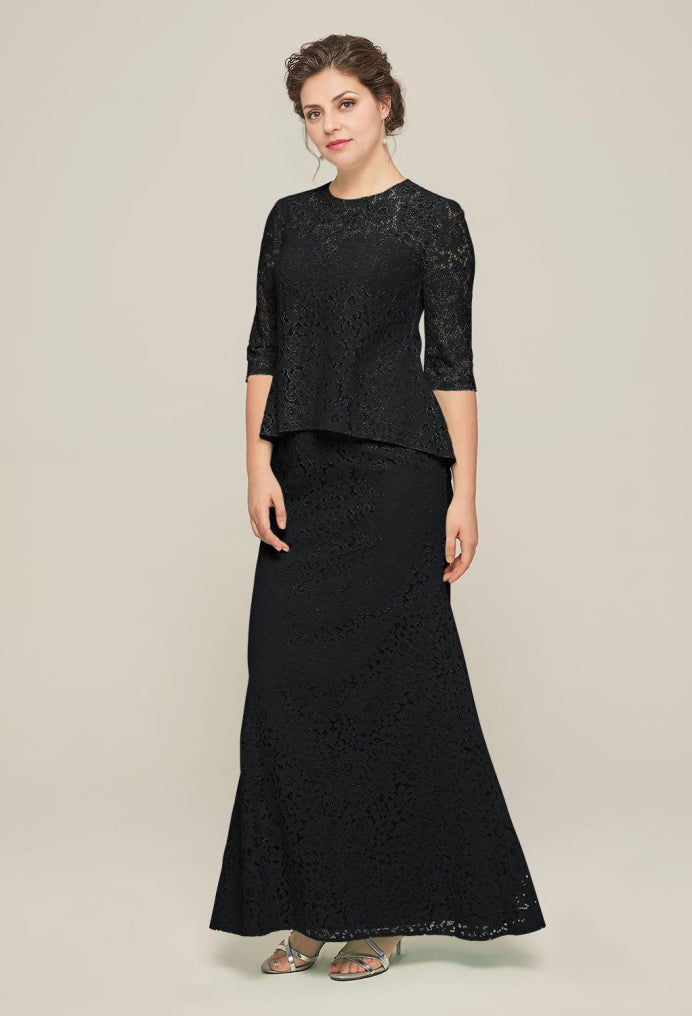 Formal Women's Dresses Elegant 3/4 Sleeve Lace Applique Round Neck Floor Length Free Custom Size Mother of the Bride Dress