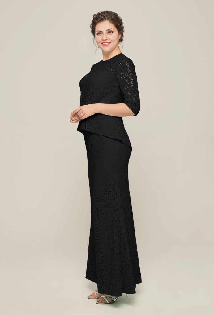 Formal Women's Dresses Elegant 3/4 Sleeve Lace Applique Round Neck Floor Length Free Custom Size Mother of the Bride Dress