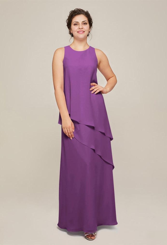 Formal Women's Dresses Round Neck Elegant 3/4 Sleeves Tiered Floor Length Free Custom Size Mother of the Bride Dress