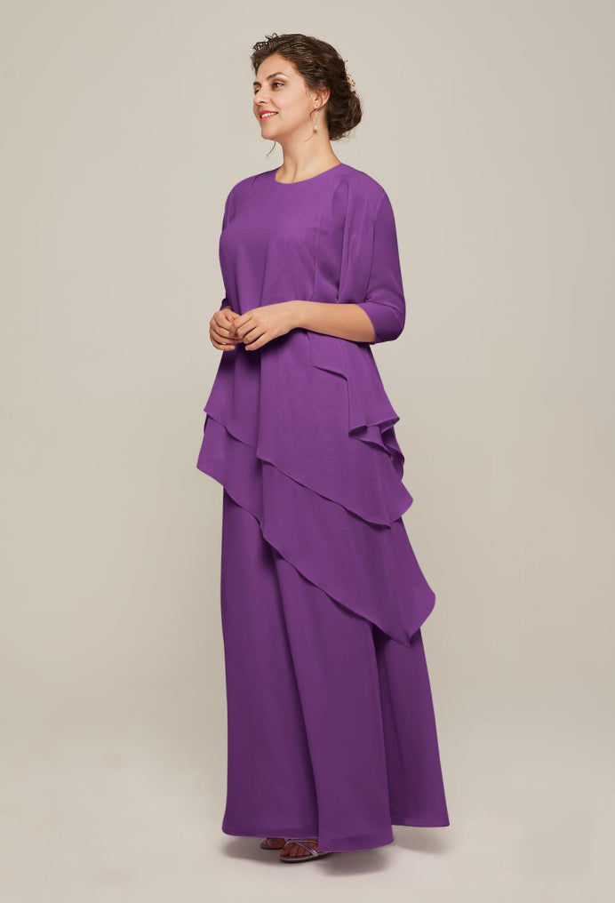Formal Women's Dresses Round Neck Elegant 3/4 Sleeves Tiered Floor Length Free Custom Size Mother of the Bride Dress