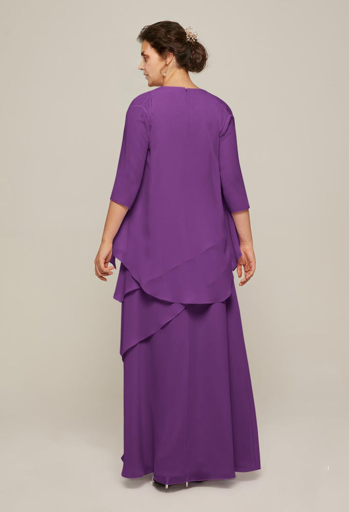 Formal Women's Dresses Round Neck Elegant 3/4 Sleeves Tiered Floor Length Free Custom Size Mother of the Bride Dress