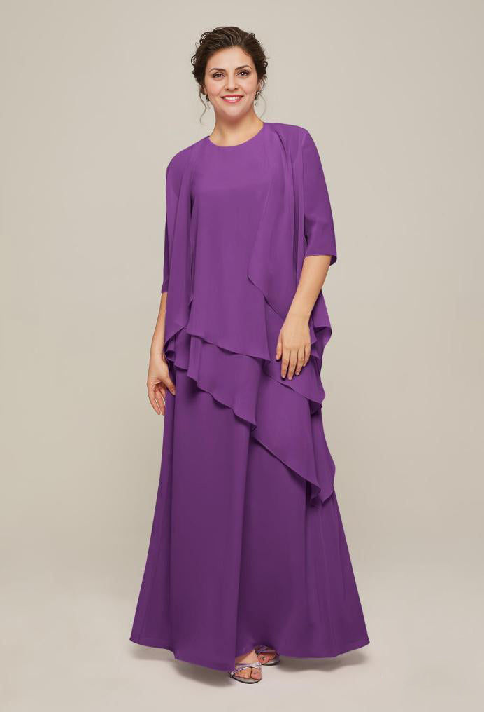 Formal Women's Dresses Round Neck Elegant 3/4 Sleeves Tiered Floor Length Free Custom Size Mother of the Bride Dress