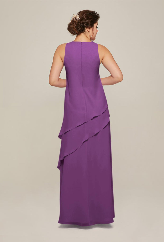 Formal Women's Dresses Round Neck Elegant 3/4 Sleeves Tiered Floor Length Free Custom Size Mother of the Bride Dress