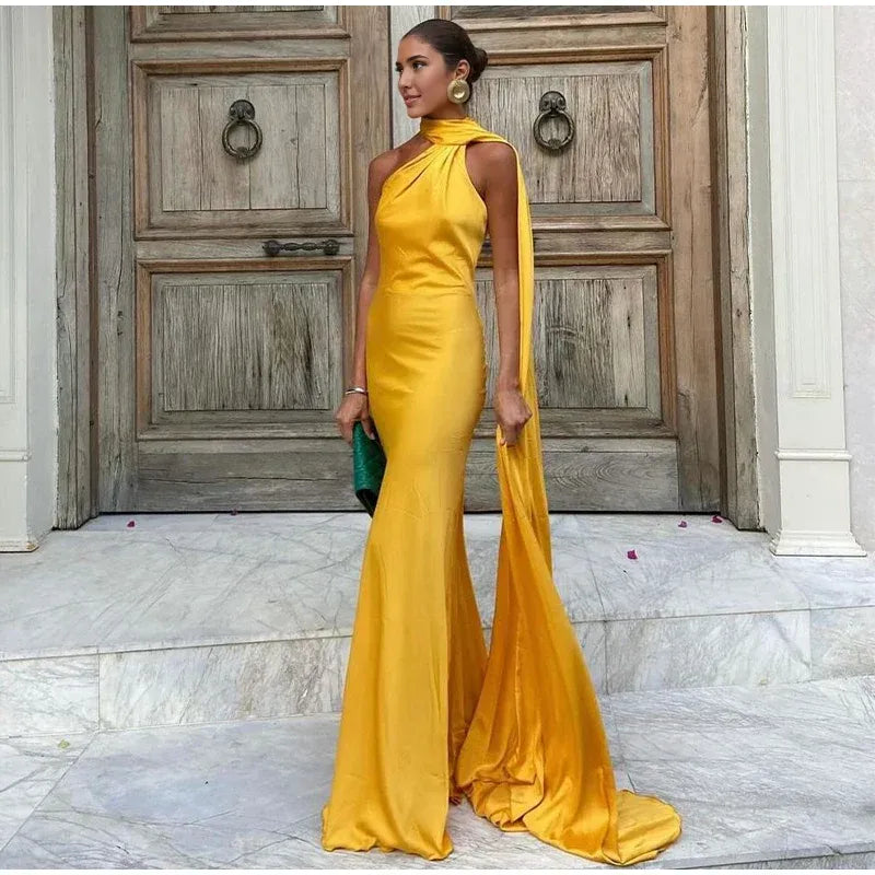 Weitese Dress Yellow Halter Backless Mermaid Satin Long Formal Dress Evening Gown Party Dress Formal Wear Dresses Dresses Plus Size Formal