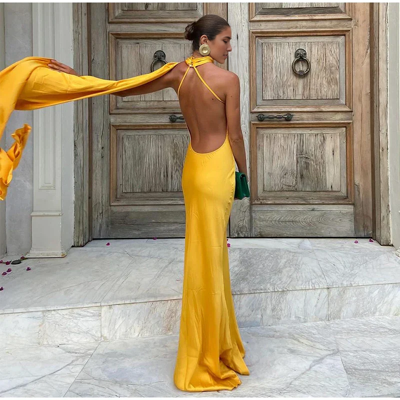 Weitese Dress Yellow Halter Backless Mermaid Satin Long Formal Dress Evening Gown Party Dress Formal Wear Dresses Dresses Plus Size Formal
